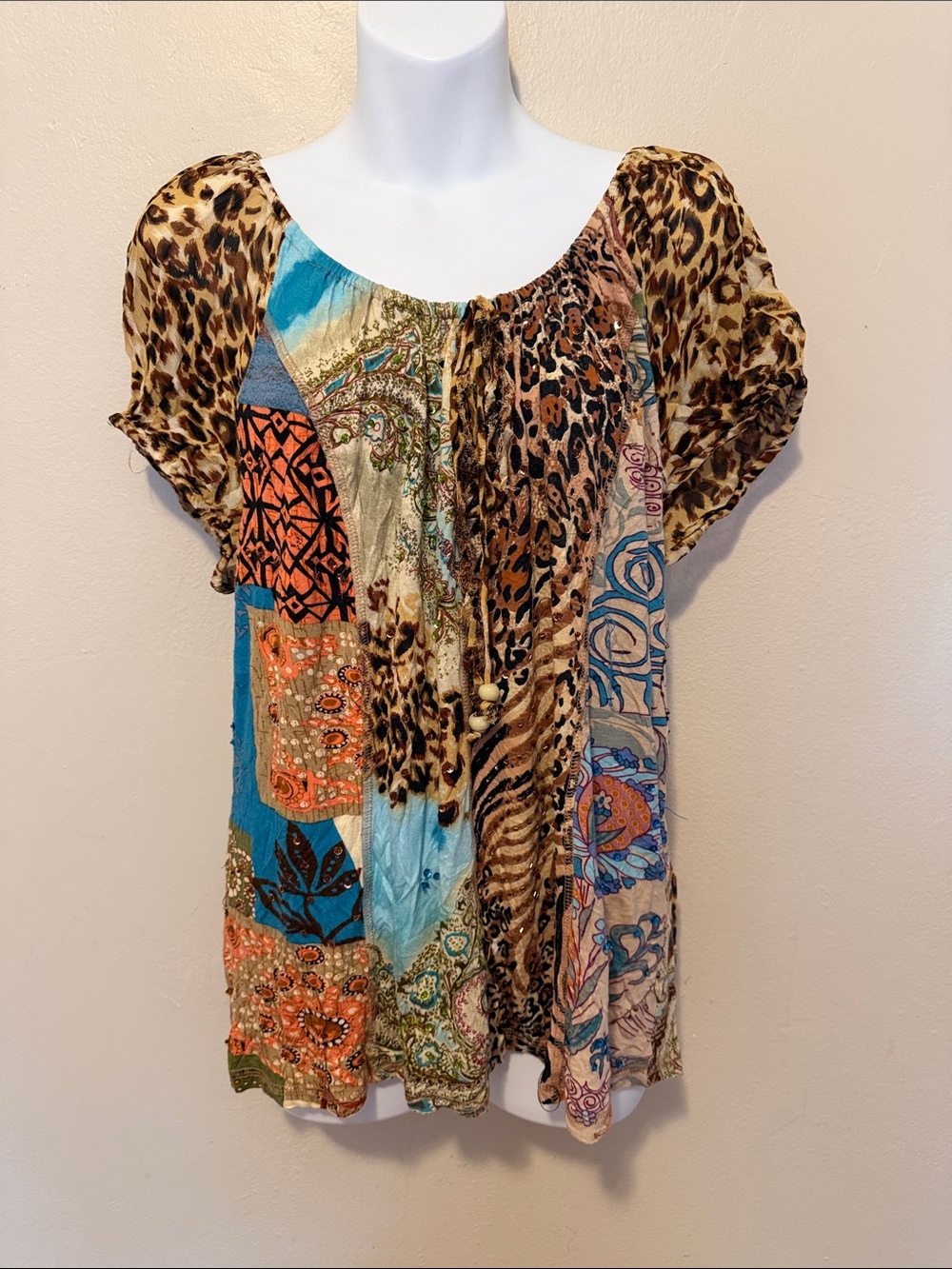 Bila Multicolor Patchwork Leopard Print Peasant Top